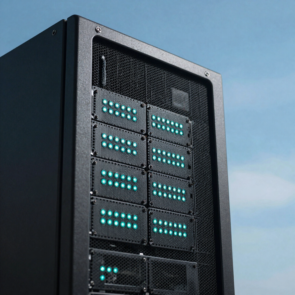 Macro photography of modern cloud computing server rack illuminated with crisp sky blue and cyan LED status indicators in a high-security facility.