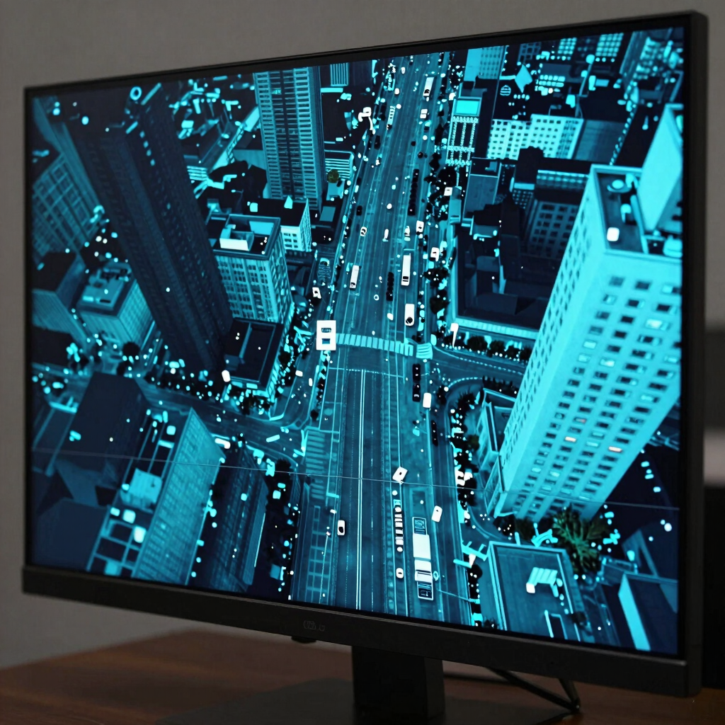 High-resolution desktop monitor rendering a 3D LiDAR point cloud scan of city infrastructure in vivid cyan and dark slate contrast.