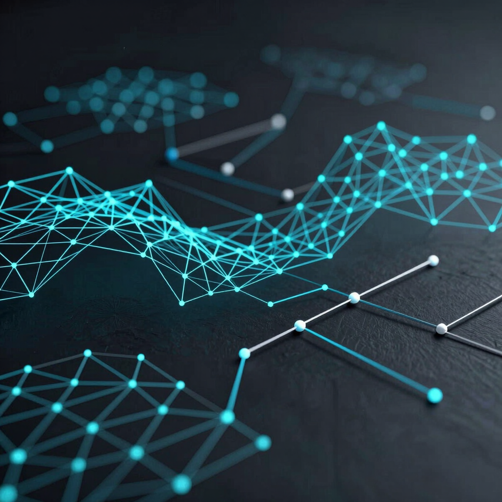 Abstract visual representation of spatial data architecture showing cyan vector node networks, coordinate graphs, and connected AI data pipelines over a deep slate background.