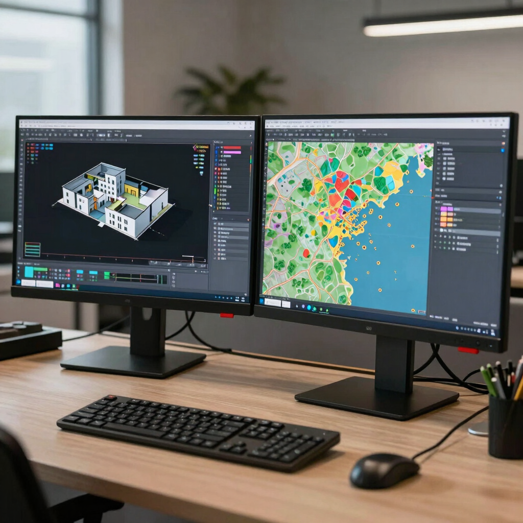 A clean dual-monitor workstation in a modern office situated in Global / Tech Hubs, displaying detailed 3D AutoCAD architectural models and colorful spatial GIS map layers.