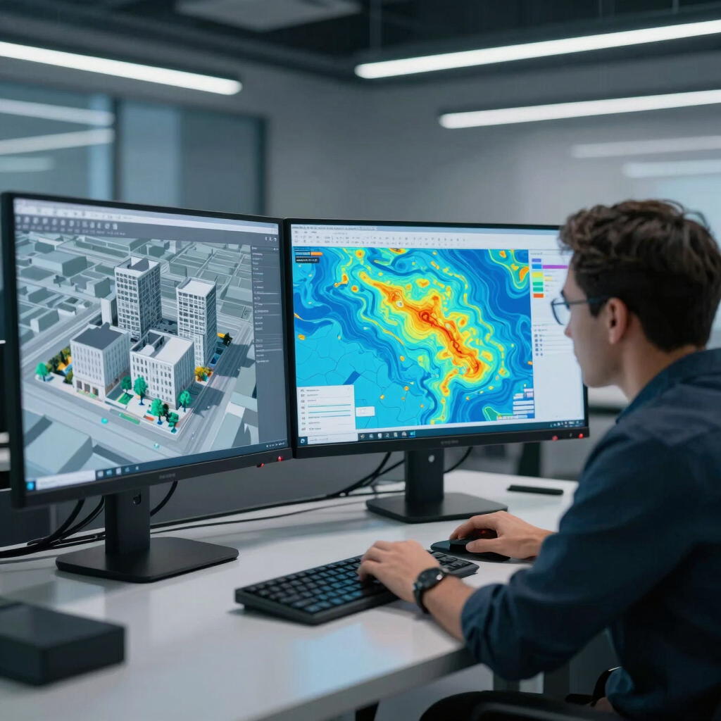 Professional engineers in Global / Tech Hubs examining detailed GIS heatmaps and 3D AutoCAD building models on dual monitors in a sleek, modern technical studio. Crisp lighting, slate blue and bright cyan visual accents.