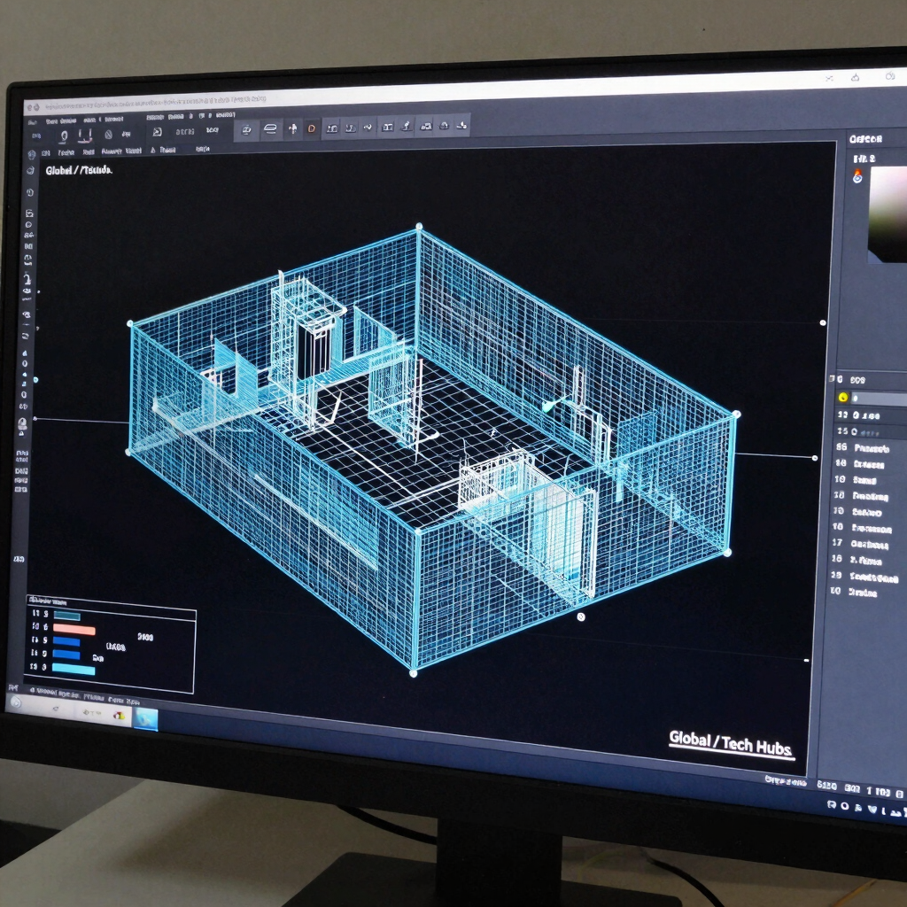 Close-up photograph of complex 3D CAD schematic diagrams illuminated on a high-resolution monitor screen, showing architectural blueprints with precise geometric vectors and sky blue highlights in Global / Tech Hubs.