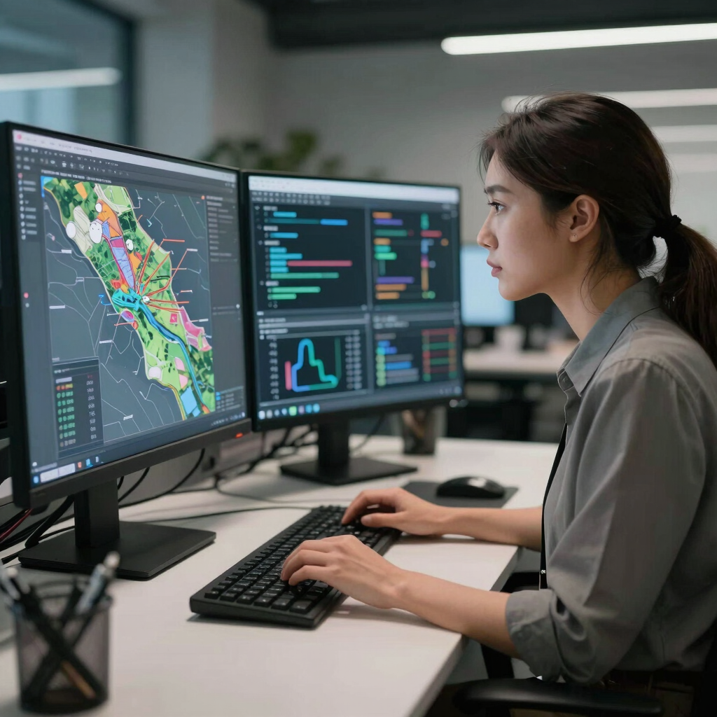 Professional female data engineer analyzing complex GIS mapping algorithms on a sleek modern workstation setup in a high-tech office environment in Global / Tech Hubs.