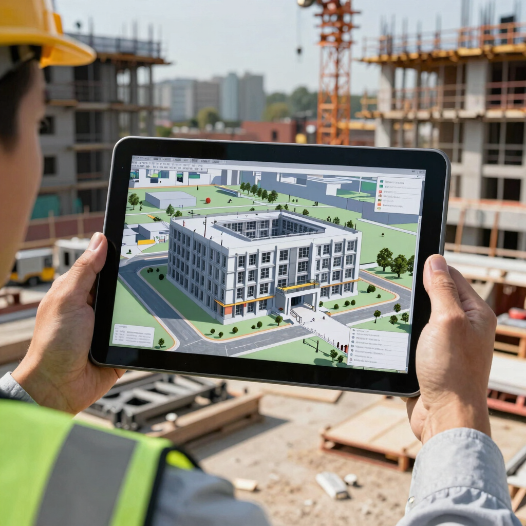 An engineer holding a tablet displaying a full-color 3D BIM structural building model on an active urban construction site in Global / Tech Hubs.
