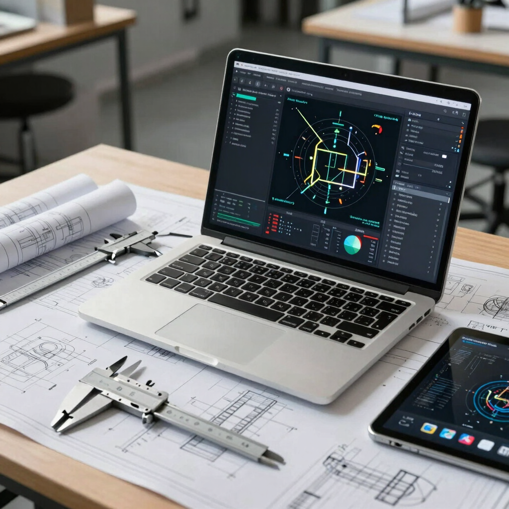 Modern engineering studio setting showing a computer laptop displaying AI-powered spatial data analysis software, surrounded by technical blueprints, callipers, and tablet devices in Global / Tech Hubs.