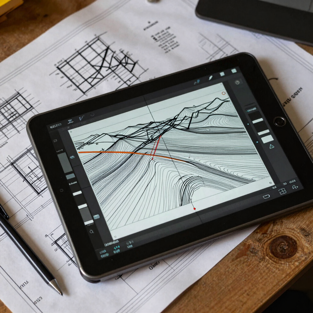 Overhead workspace view of civil engineering blueprints alongside a digital drawing tablet showing automated CAD alignments and terrain slope calculations.