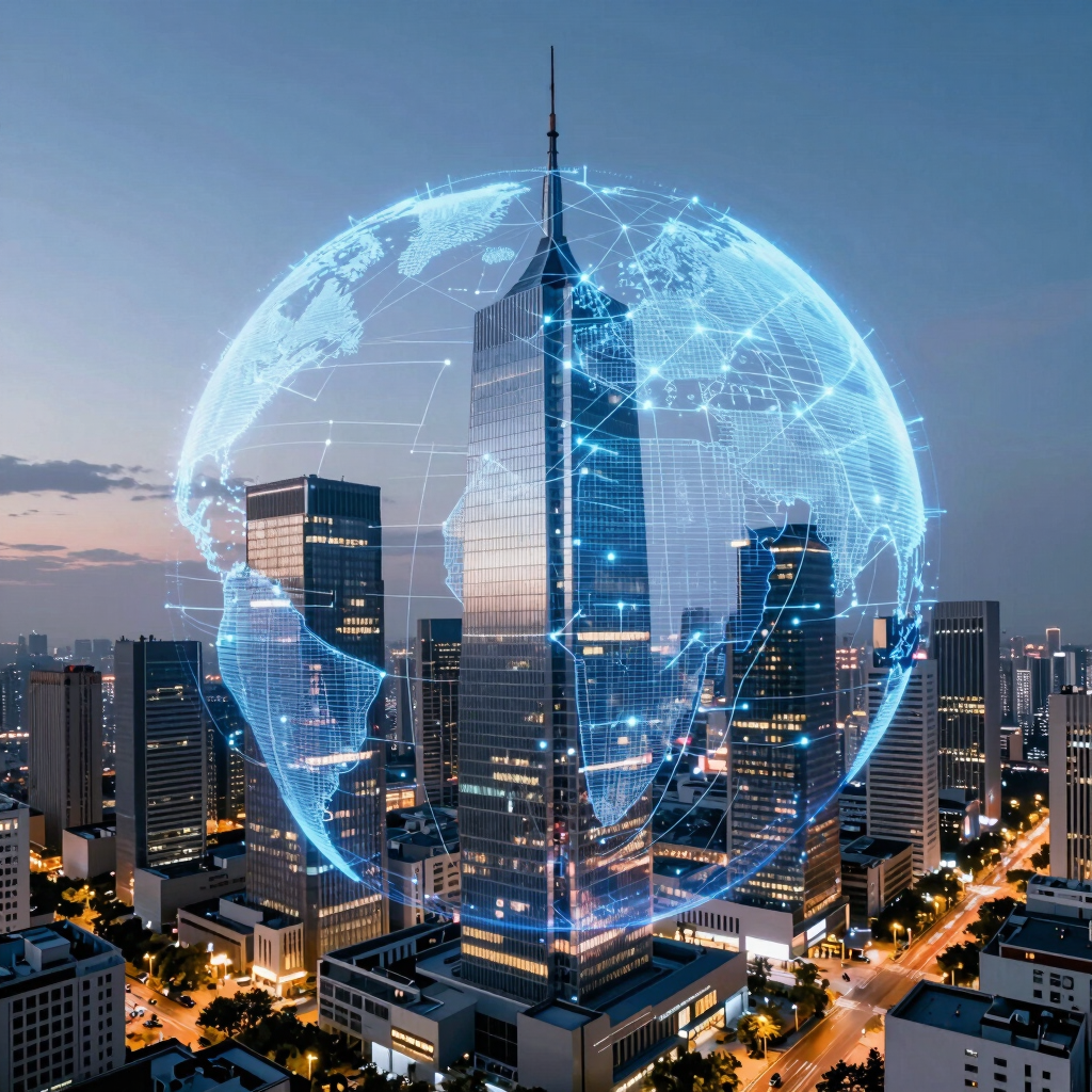 Digital twin visualization displaying a glowing blueprint network overlaying a modern skyscraper cityscape at dusk in Global / Tech Hubs, featuring detailed spatial data streams in sky blue.