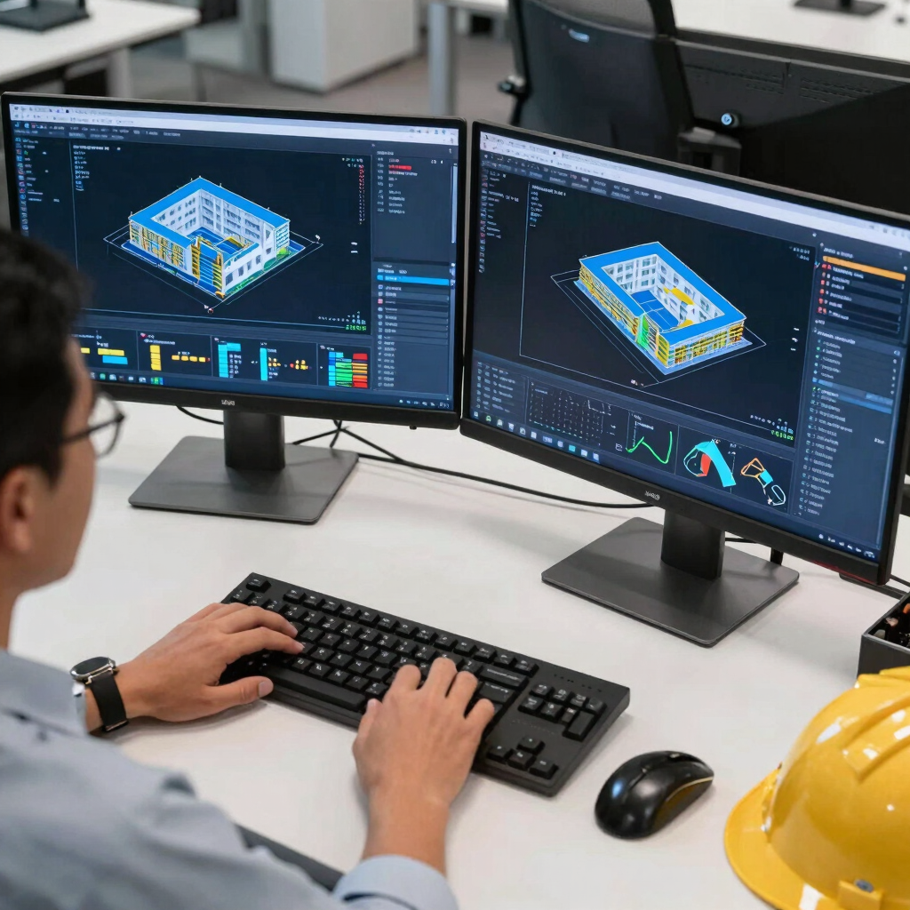 High-angle photograph of a civil engineer working at a high-tech dual-monitor workstation displaying 3D AutoCAD building blueprints and GIS spatial layers. Vibrant sky blue accents on dark slate blue interfaces in a modern office in Global / Tech Hubs.