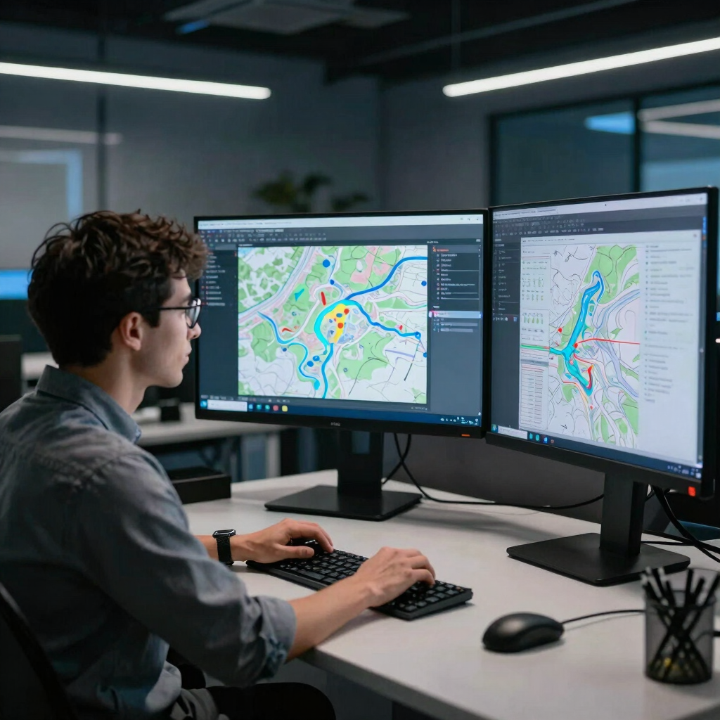 An engineer and software developer reviewing AI-driven spatial algorithms and GIS topography layers on interactive displays inside a sleek office in Global / Tech Hubs, featuring dark blue accent lighting.