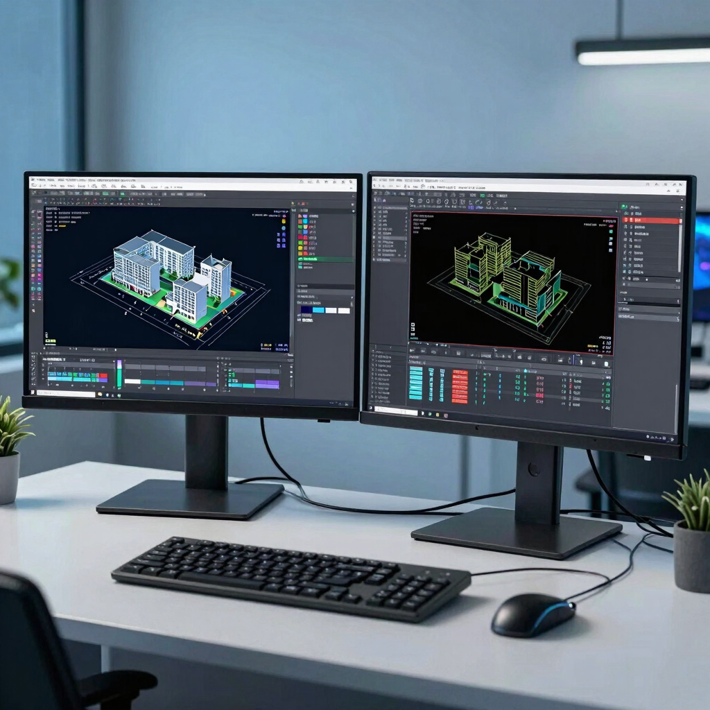 A modern technical workspace in Global / Tech Hubs featuring dual high-resolution monitors displaying complex 3D AutoCAD building schematics and AI geospatial analytics, illuminated with crisp sky blue ambient lighting, clean minimal desk aesthetic.