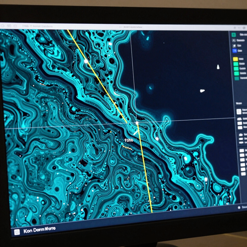 Close-up photography of a futuristic GIS mapping control station screen displaying dynamic satellite heatmaps, geospatial vector boundaries, and topological terrain contours in cyan and dark slate tones.