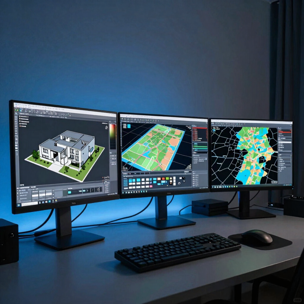 A conceptual photograph of a high-tech engineering workstation showing 3D CAD architectural renders and GIS spatial datasets on dual monitors, illuminated with dark slate and vibrant sky blue ambient light.