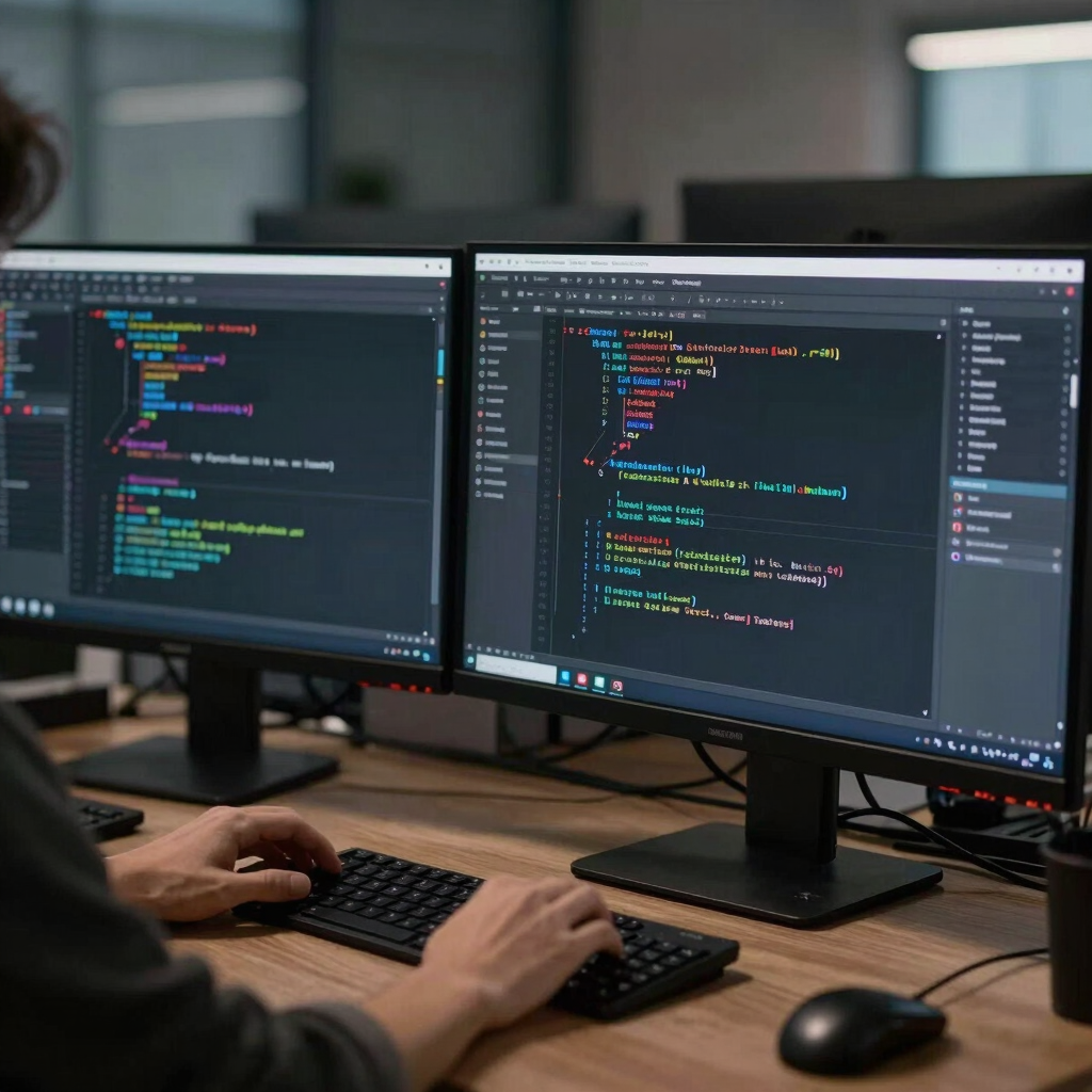 A software developer coding custom C++ and Python CAD plugins on multiple monitors showing dark theme IDE and technical drafting software in Global / Tech Hubs.