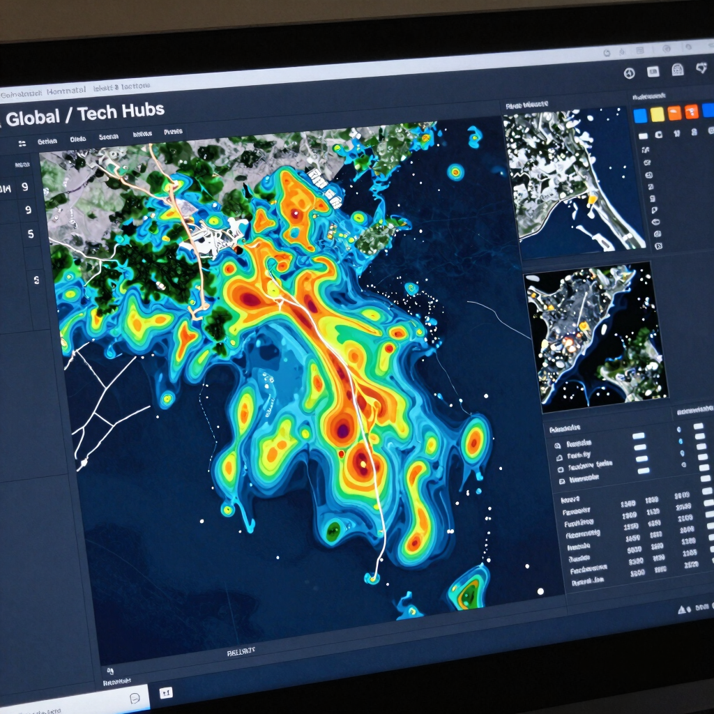 Detailed view of a GIS mapping application rendering heatmaps and spatial satellite data overlays on a dark slate blue screen, featuring clean technical UI elements in Global / Tech Hubs.