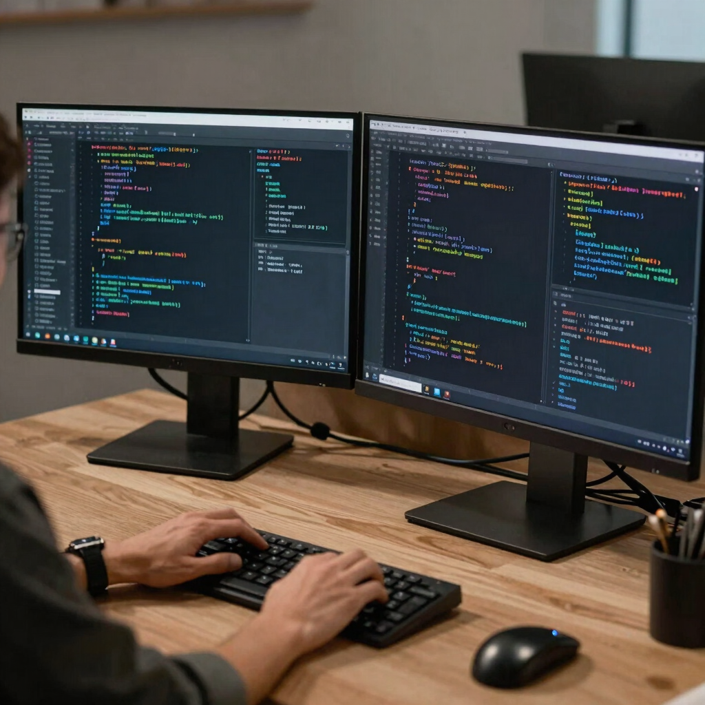 A professional software engineer's workspace with dual displays showing dark-themed code editors, Python machine learning algorithms, and spatial analytics dashboards in Global / Tech Hubs.